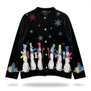 Onque Casuals Black Velvet Christmas Snowman Cardigan Size Small